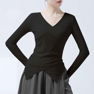 现代舞练功服女V领形体服长袖 套指中国舞蹈服古典舞成人艺考上衣