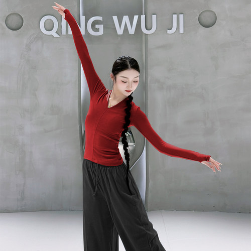 现代舞练功服女秋冬长袖套指V领形体训练练功服安可拉红艺考上衣 - 封面