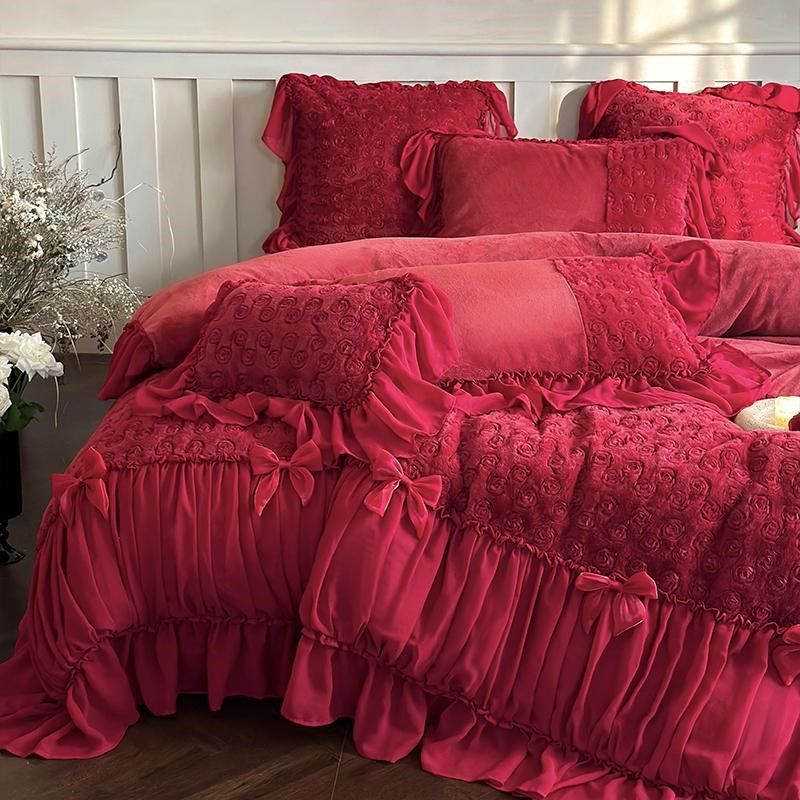 高端玫瑰立体四件酒红色冬季雪纺被毛绒结婚床品,床上用品,婚庆床品套件,淘宝优惠券,粉丝福利购,淘宝优惠卷