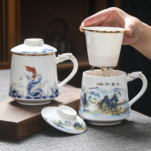 羊脂玉瓷茶杯个人专用高档茶道杯茶水分离泡茶杯带盖过办公杯子