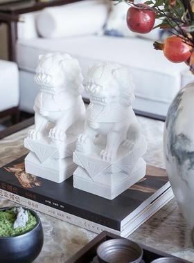 新中式白色小狮子花艺托盘组合摆件样板间茶几家居艺术软装饰品