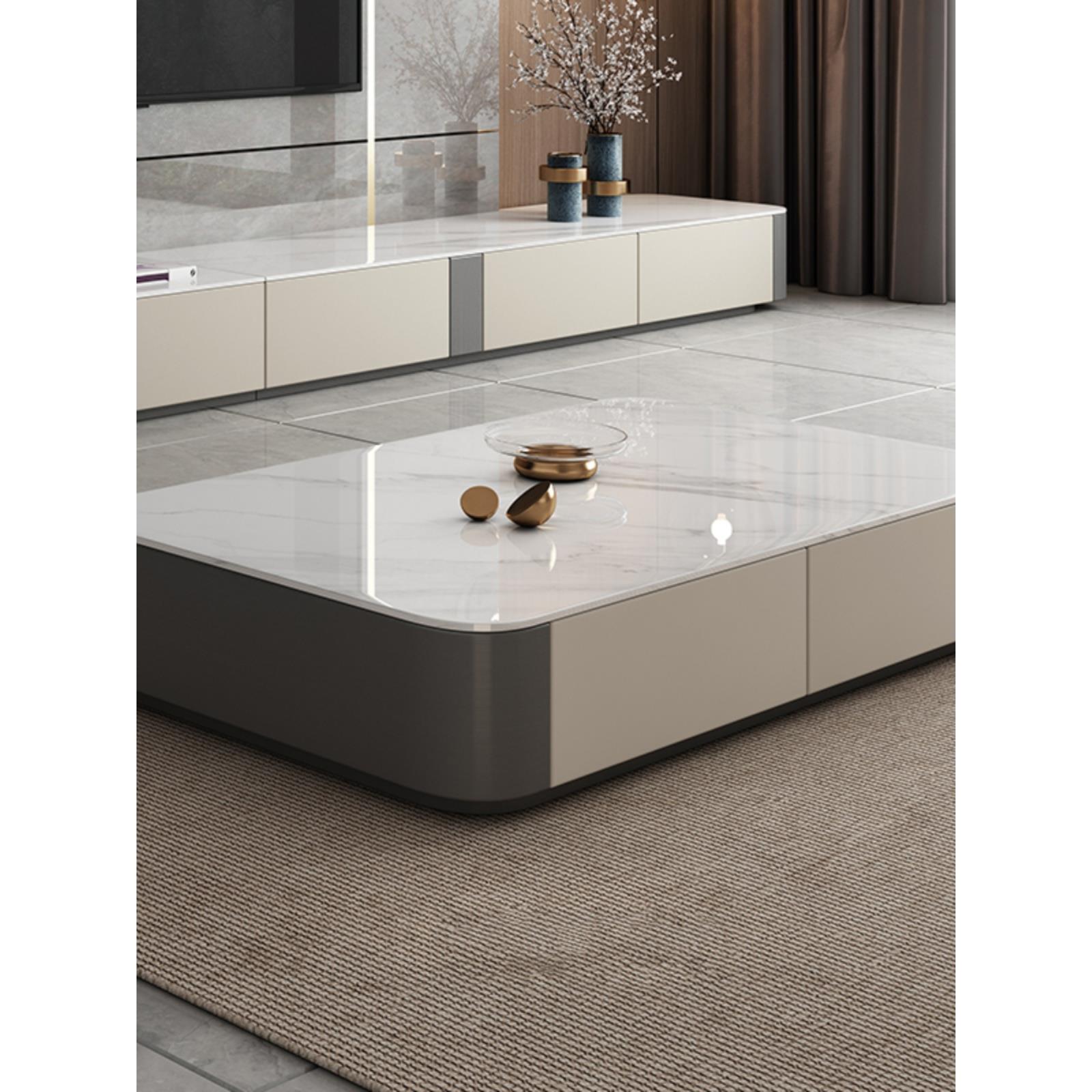 意式轻奢现代岩板茶几客厅家用实木落地式大小户型茶几电视柜组合