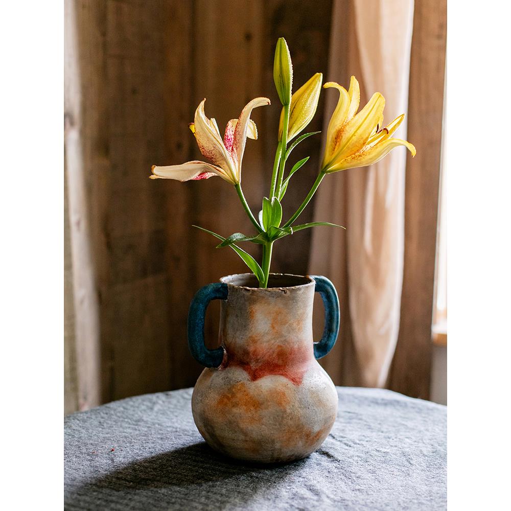 掬涵手工双耳粗陶花瓶复古干花插花仿古客厅餐桌陶瓷艺术装饰摆件