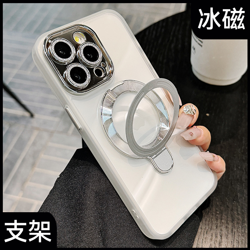 适用iPhone16promax透明磁吸支架苹果15水晶闪钻镜头膜防摔手机壳