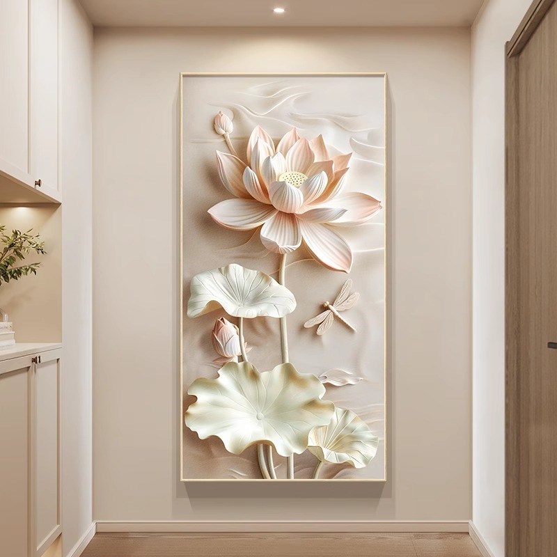 荷花图入户玄关装饰画奶油风招财锦鲤挂画立体感走廊过道壁画图片