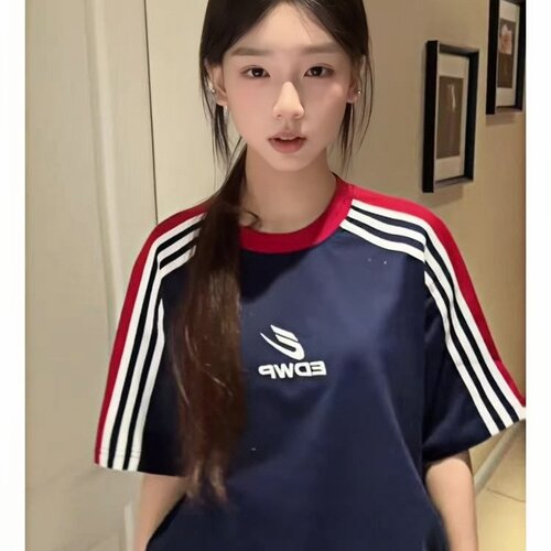 美式高街字母印花撞色条纹短袖t恤女夏季宽松慵懒情侣学院风上衣