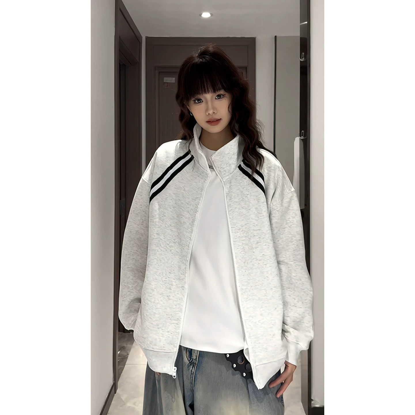 美式重磅侧条纹运动卫衣男女秋cleanfit高级感外套学院风情侣上衣