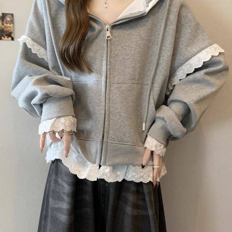 蕾丝拉链开衫连帽卫衣女秋冬加绒