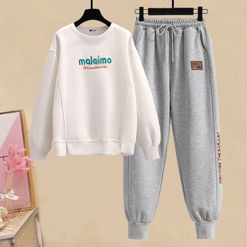 여성을위한 스포츠 운동복 정장 2024 봄 가을 새로운 캐주얼 패션 한국 스타일 느슨한 라운드 넥 탑과 스웨트 팬츠 2 피스 세트