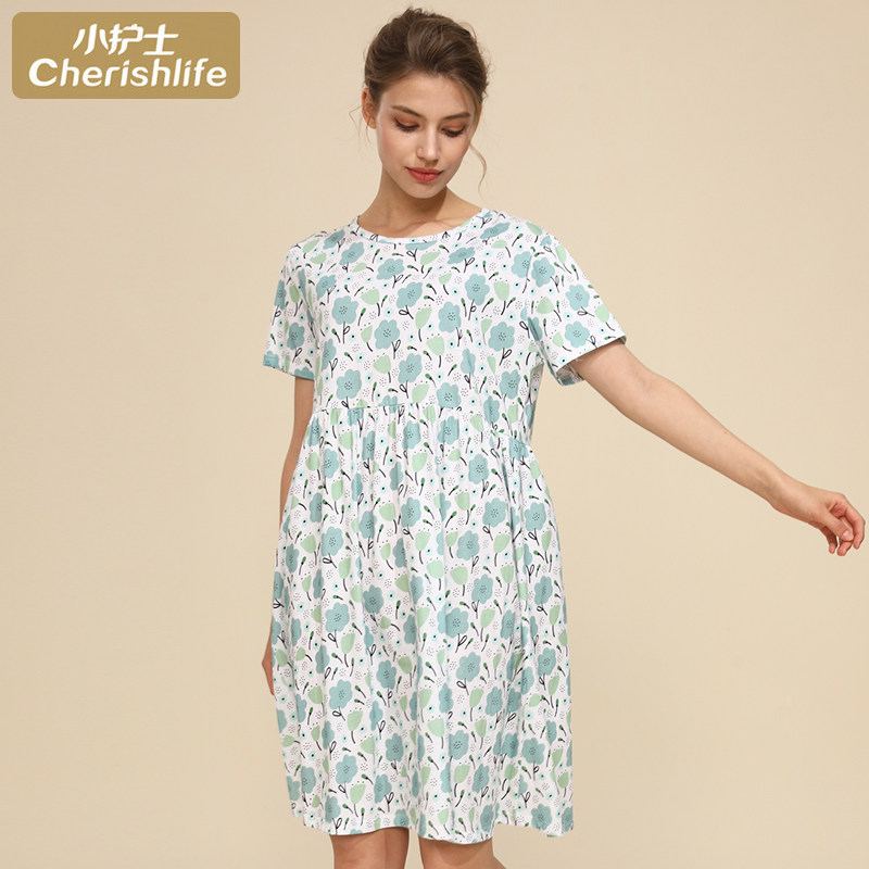 小护士睡裙女外穿休闲纯棉短袖裙子宽松大码家居服全棉睡衣中长裙
