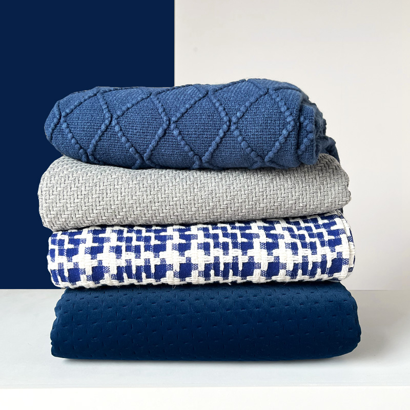 样板房搭毯深蓝色民宿床搭卧室床尾巾客厅沙发毯格子装饰毯搭巾