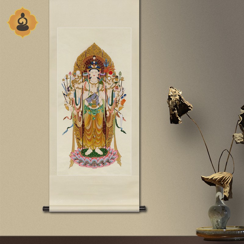 工笔唐卡人物国画千手千眼观音菩萨画像书房玄关中式挂画卷轴画框