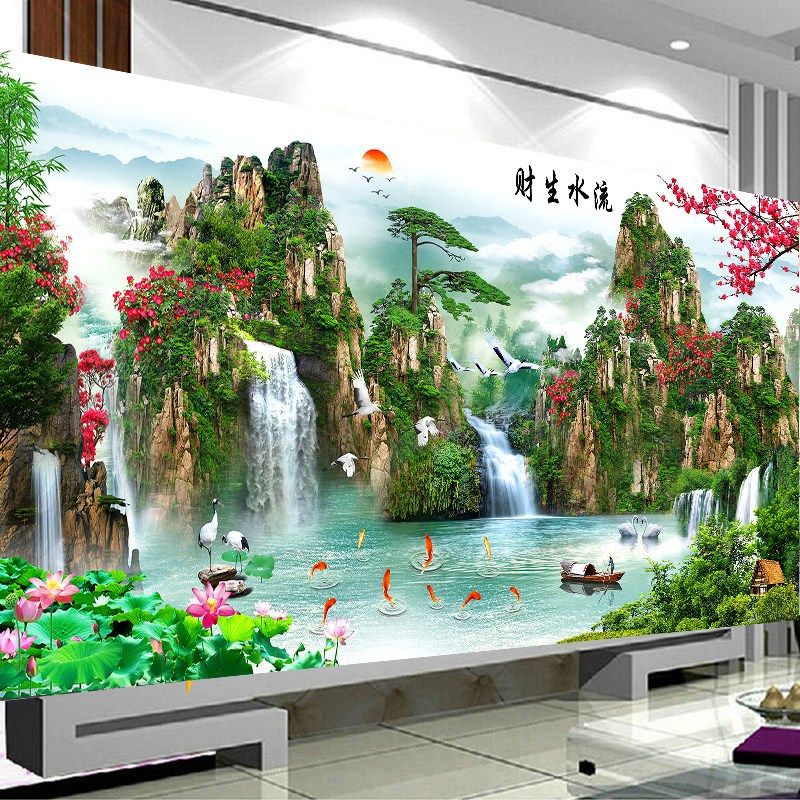 2023新款5D钻石画满钻客厅砖石秀风景山水画点贴钻十字绣财源广进