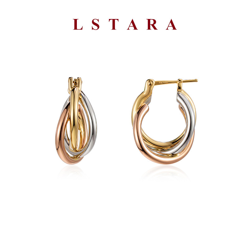 LSTARA/爱丝塔 18K金三色灯笼耳圈耳环白金玫瑰金撞色耳饰男女