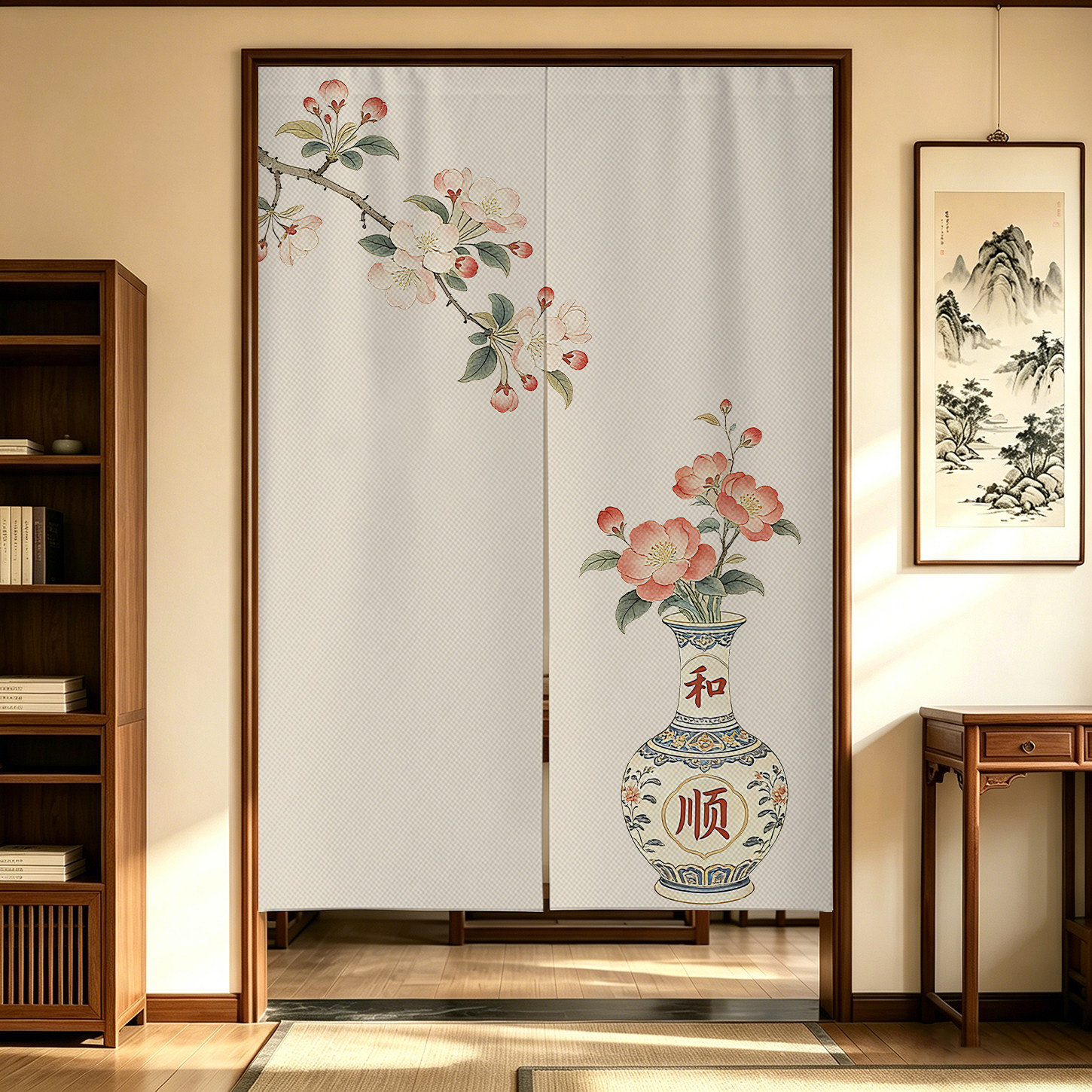 新中式禅意传统门帘家用花瓶花卉图案门帘隔断窗装饰门帘入户门