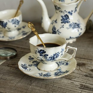 英式 咖啡杯碟套装 下午茶壶轻奢陶瓷青花茶具中古花茶杯精致茶杯子