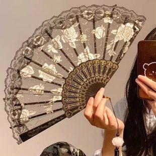 舞蹈扇折叠古风扇典旗袍女士中国风白色复古 子小折扇黑色蕾丝夏季