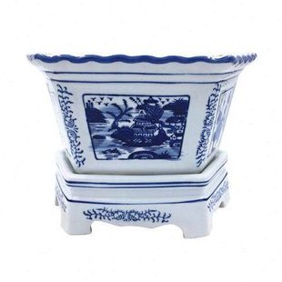 包邮 高档青花瓷六角陶瓷盆景花盆 带底座 榕树等桌面盆景专用