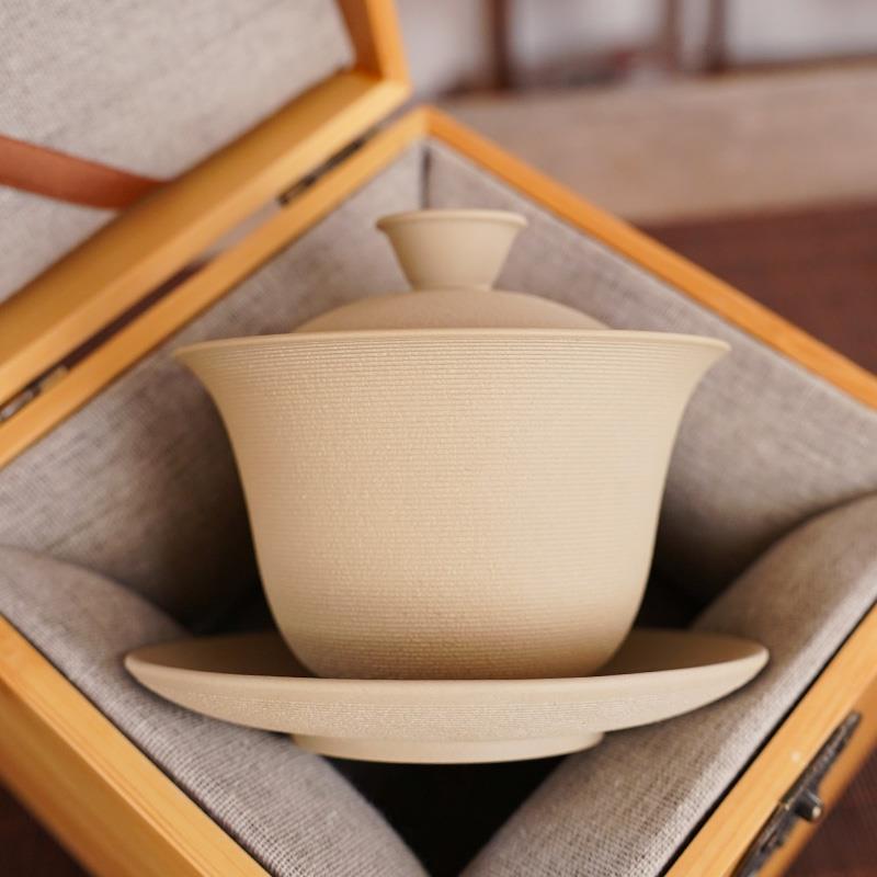 紫陶百克悬停三才盖碗高档单个茶杯薄泡套装建水壶非白瓷坭兴