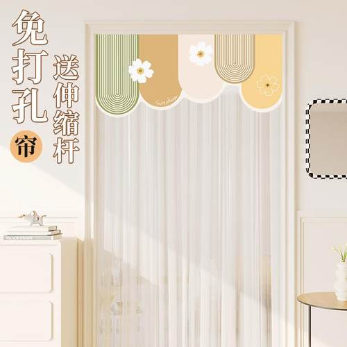 2025新款蕾丝双层免打孔家用防蚊门帘风水纱帘卧室长隔断窗隐私帘