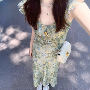 海边度假法式 显瘦气质长裙 小飞袖 碎花连衣裙子女夏新款