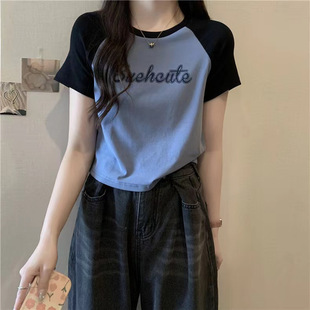 修身 纯棉欧货跨境白色短袖 2024新款 正肩T恤女短款 撞色上衣ins 夏季