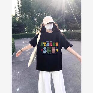 t恤女 2025新款 纯棉短袖 夏季 体恤上衣 黑色宽松显瘦半袖 内搭打底衫