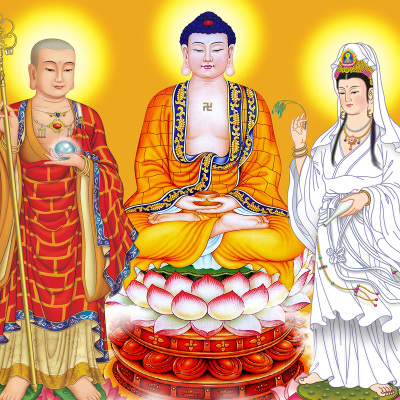 娑婆三圣佛像挂画观音地藏王释迦牟尼佛如来佛祖画像丝绸卷轴画