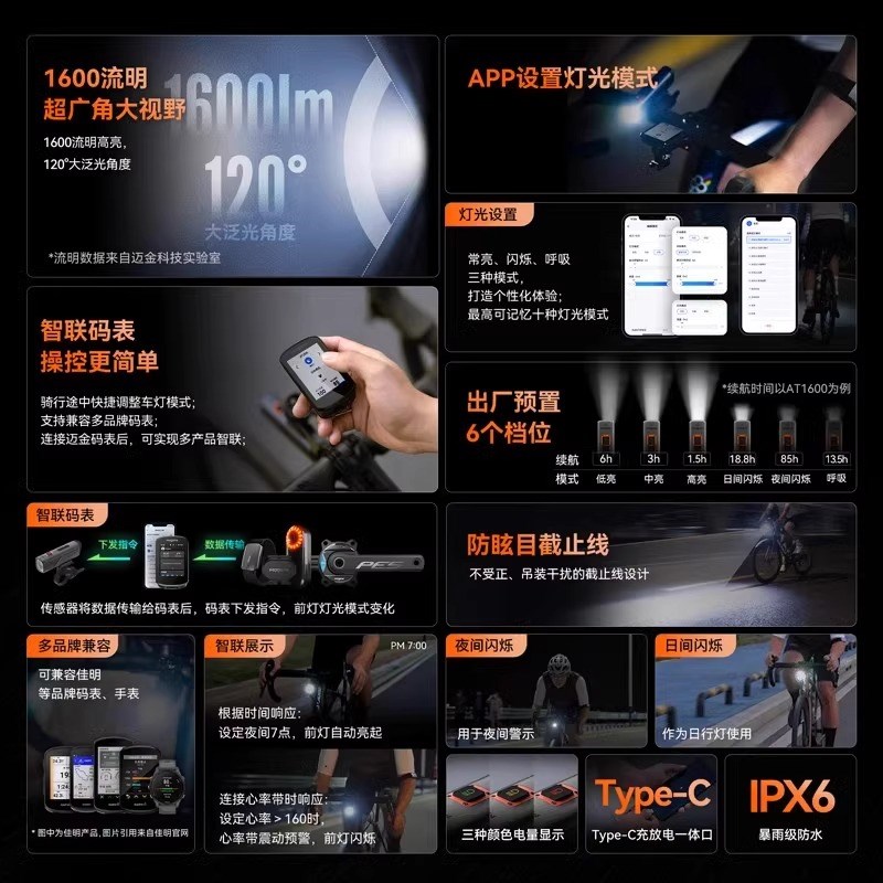 新品迈金AT1200/智能自行车前灯强光夜骑灯山地公路自行车灯