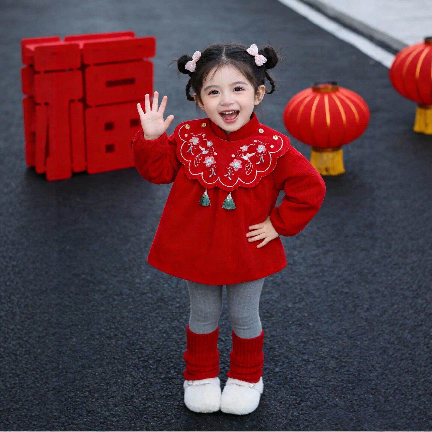 国风罩衣女童新中式拜年服红色刺绣防水防脏反穿衣可外穿洋派围裙
