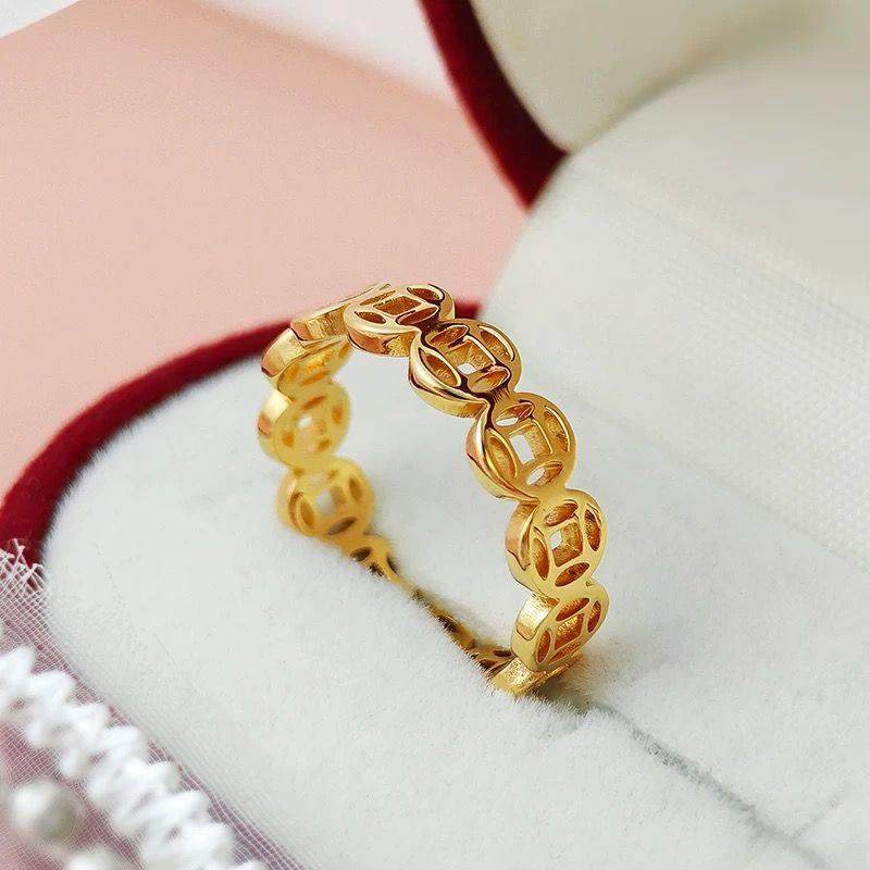 聚宝福甄选好物钱多多戒指香港正品纯沙金铜钱指环素圈金色对戒子