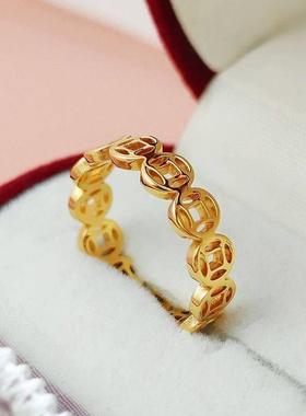 聚宝福甄选好物钱多多戒指香港正品纯沙金铜钱指环素圈金色对戒子