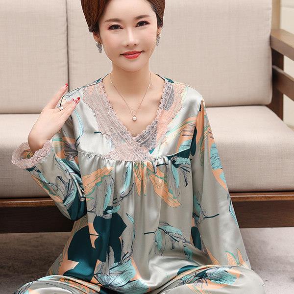 妈妈睡衣女长袖春夏季大尺码中年冰丝中老年人真丝绸两件式套装家