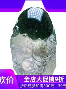 天然水晶巴西绿幽灵翠绿墨绿手工雕刻九尾狐仙手把玩摆件164克夸