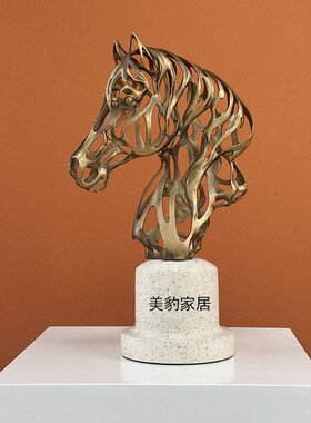 美豹金属马摆件书房办公室简约杏叶饰品样板间工艺品客厅软装摆设