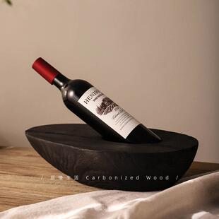 高档斜放红酒架实木摆件高级感客厅桌面样板间民宿碳化木葡萄酒架