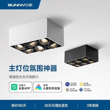 三尼 明装筒灯led吸顶式cob射灯长方形斗胆灯四头客厅无主灯照明