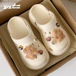 女搞怪棕色小兔ins趣味增高洞洞鞋 凉拖鞋 百搭两穿包头夏季 细细条