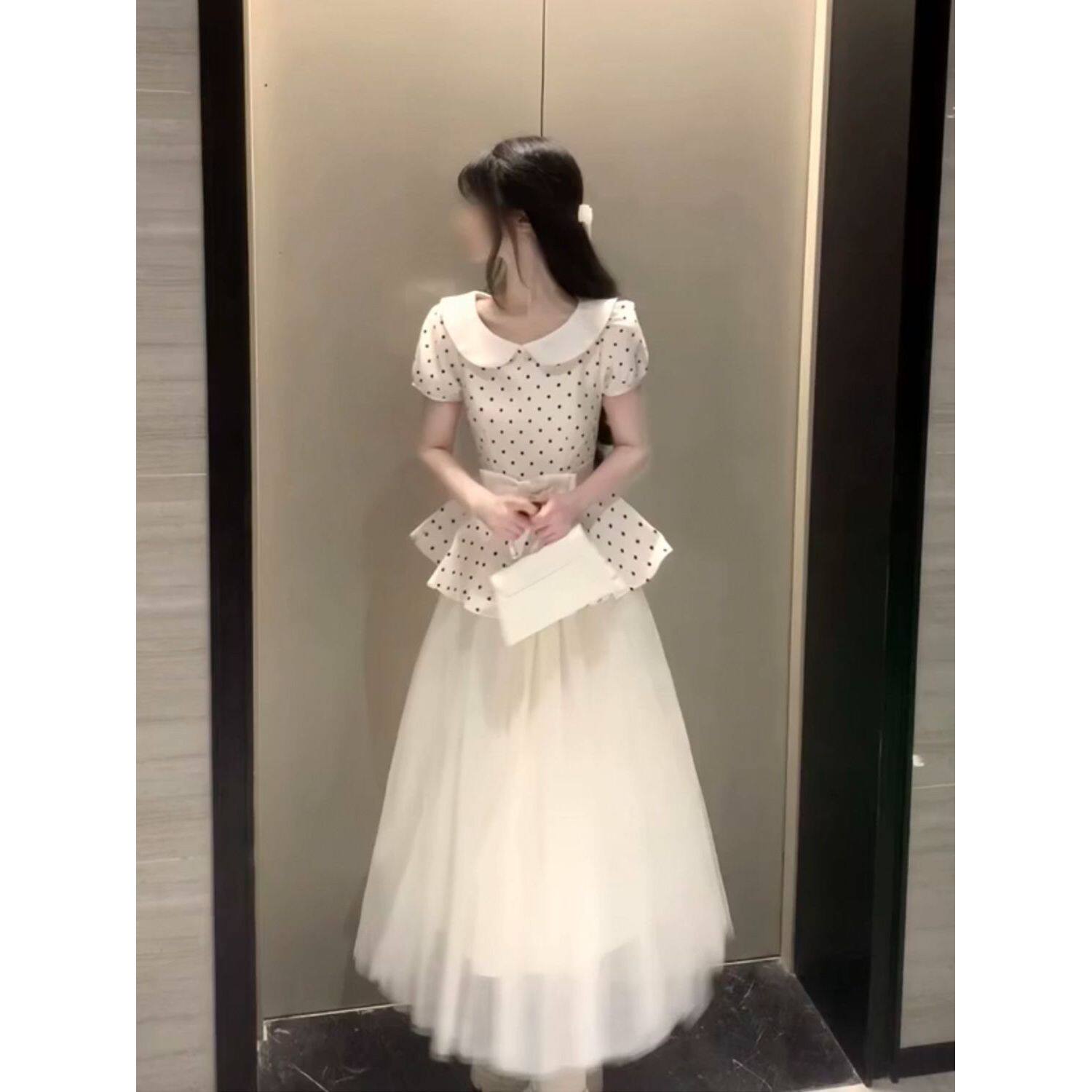 波点序曲 甜美千金风娃娃领泡泡袖蝴蝶结上衣+纱裙半身裙两件套装