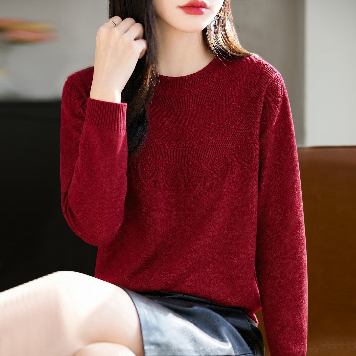 2026新款提花红色本命年秋季大码针织打底衫洋气女装上衣秋冬毛衣