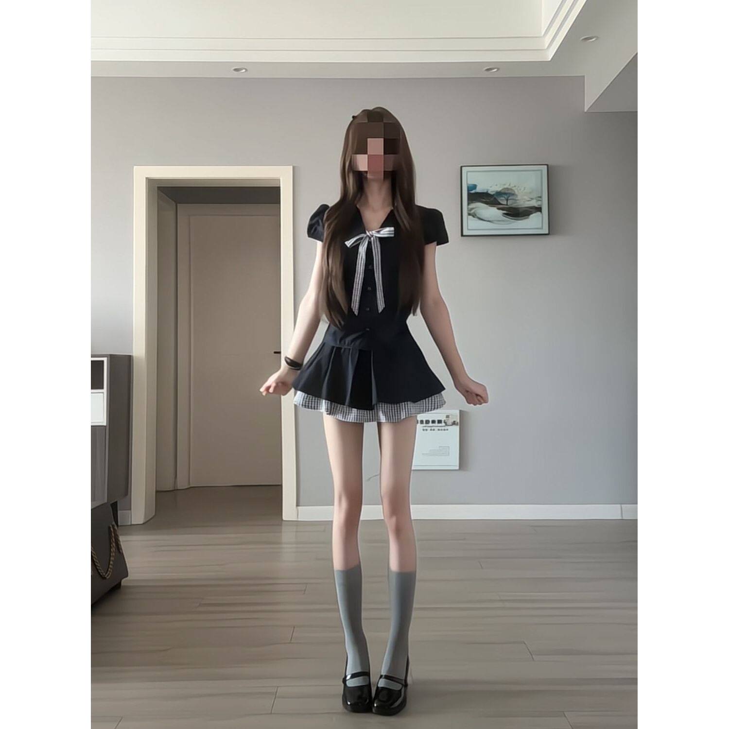 夏日韩系女高学院风藏青色蝴蝶结短袖上衣+格纹拼接短裙两件套装