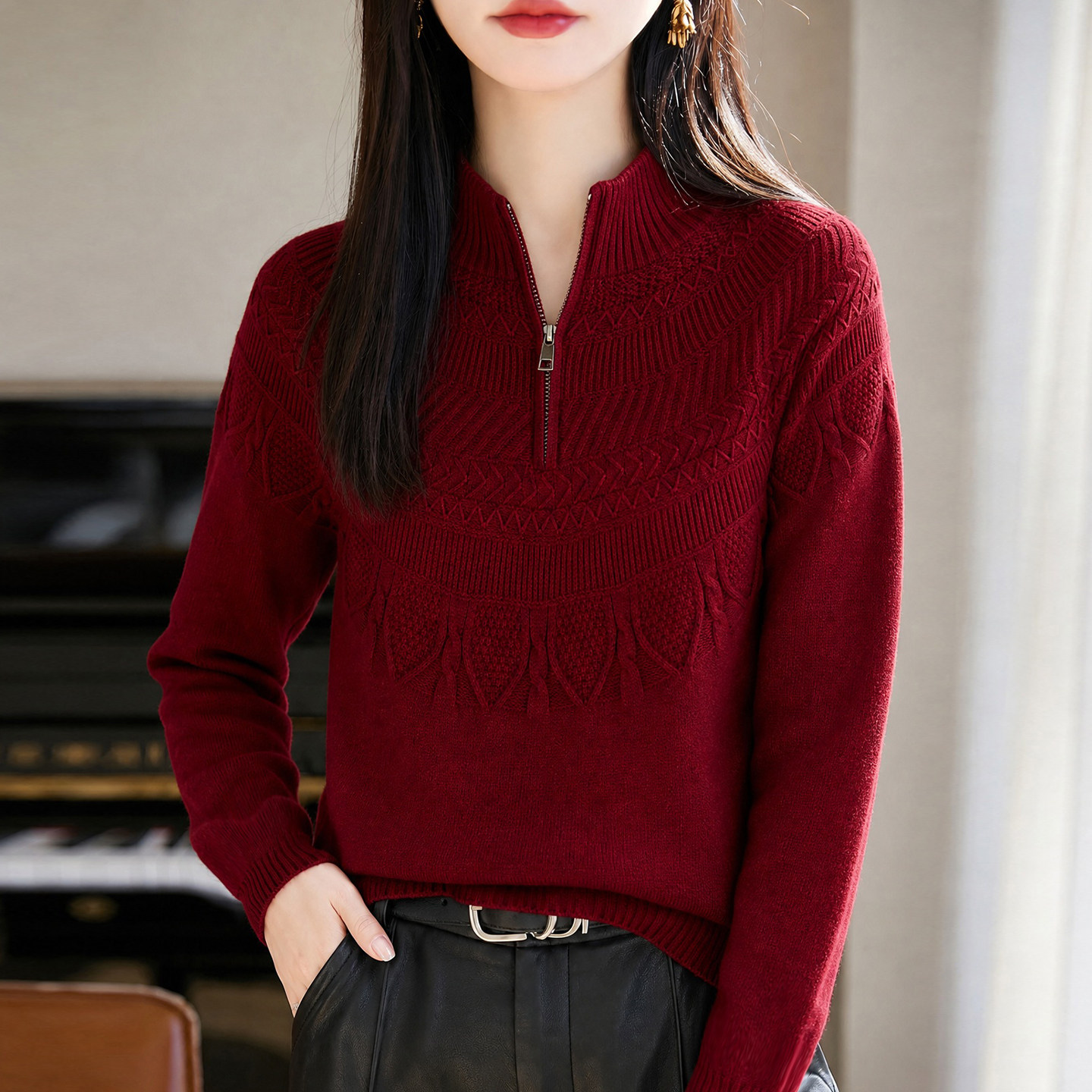 2026新款提花高领红色本命年秋季大码针织打底衫洋气女装上衣毛衣