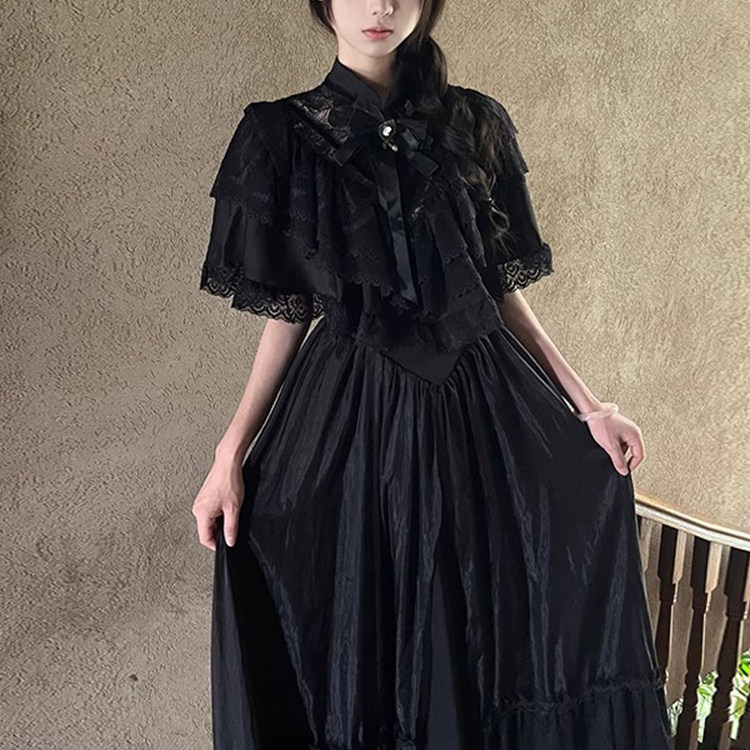 日系复古蕾丝拼接连衣裙黑色显瘦Lolita温柔风裙子夏季新款