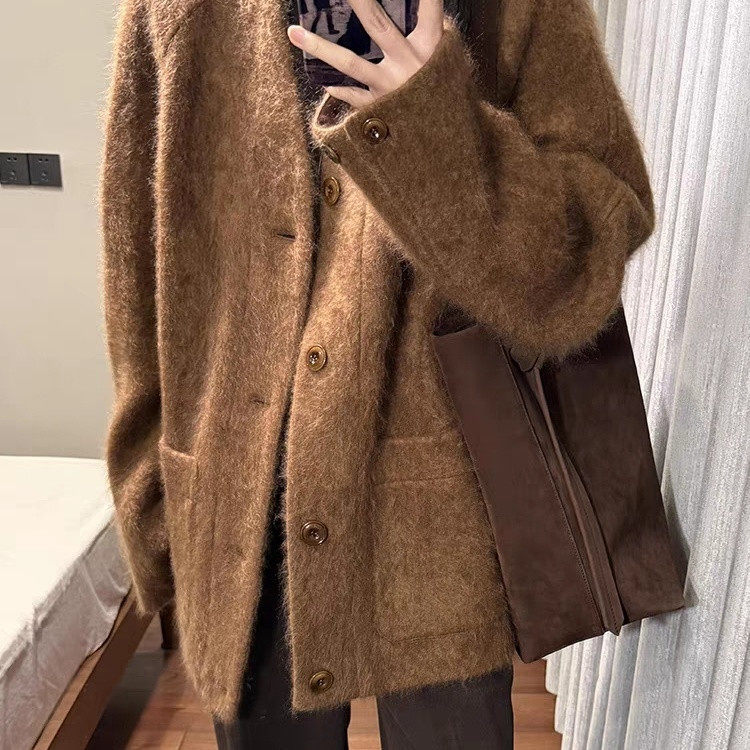 2026棕色美拉德复古v领毛呢外套女装秋冬季高级感休闲呢子外套女