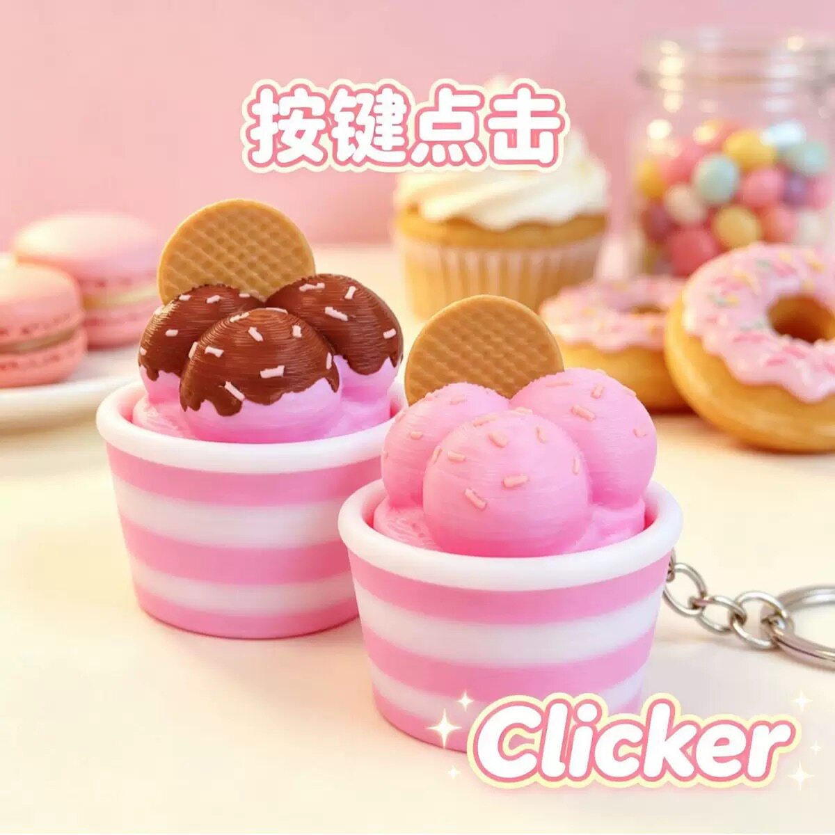 冰淇淋小蛋糕点击器3D打印甜品杯钥匙扣按键解压玩具Clicker摆件