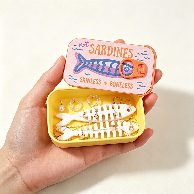 3D沙丁鱼造型首饰收纳盒耳环戒指分类整理便携桌面小物收纳神器