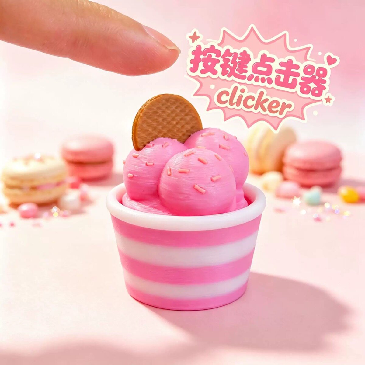 3D打印冰淇淋蛋糕点击器钥匙扣甜品杯Clicker按键解压玩具创意礼