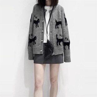 灰色小猫提花毛衣开衫外套女初春秋季韩系穿搭慵懒高级感针织上衣