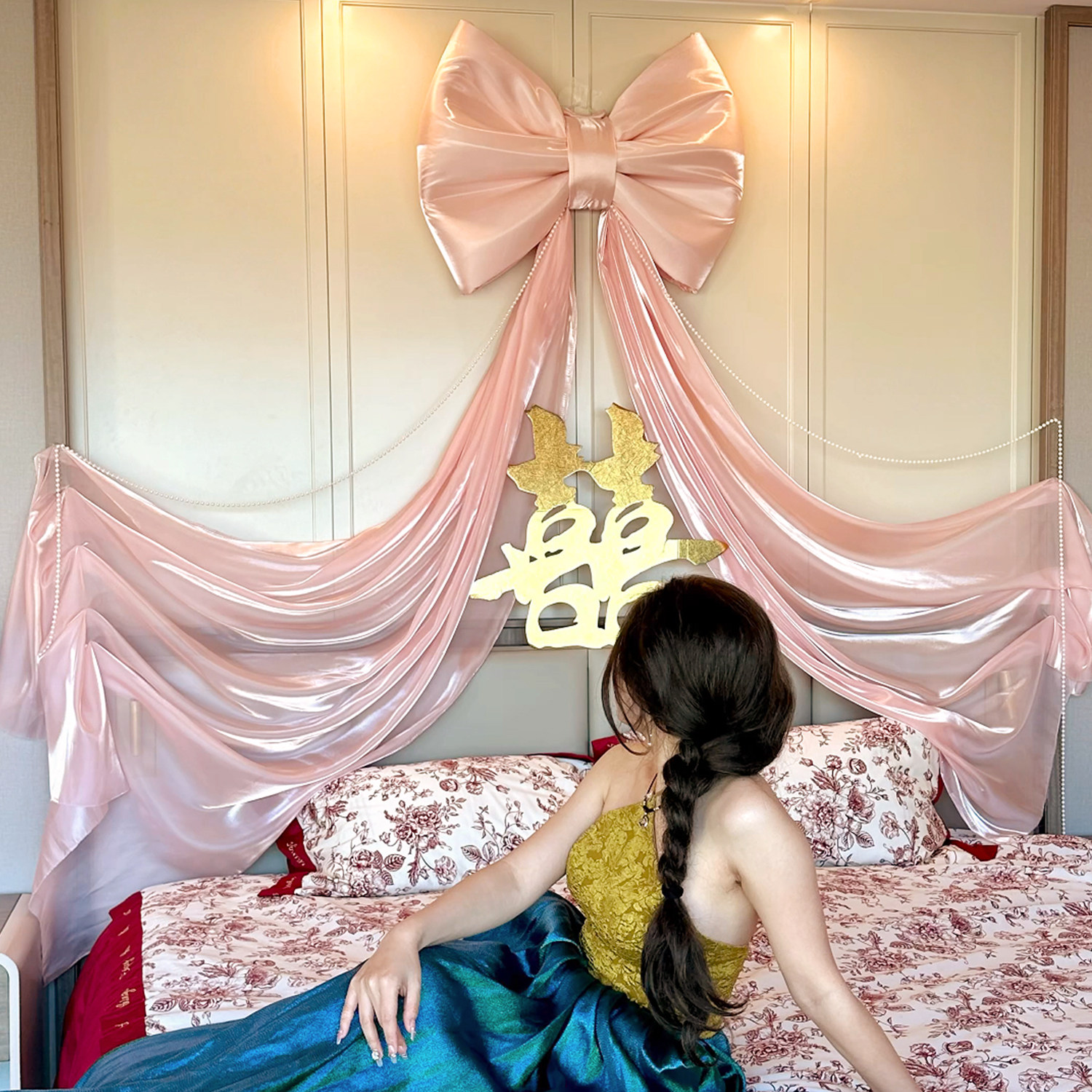 超大蝴蝶结粉色婚房氛围布置床头装饰结婚女方卧室背景墙婚礼喜字,节庆用品/礼品,拉花,淘宝优惠券,粉丝福利购,淘宝优惠卷