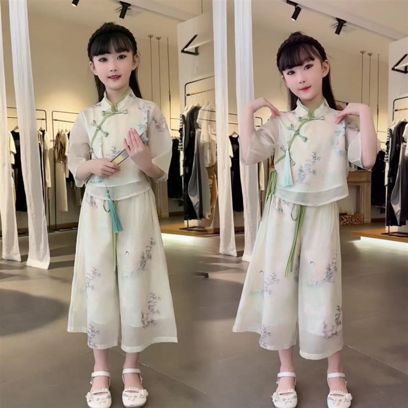 2025夏季新款女童绝美汉服高级感中式碎花上衣裙裤仙气飘飘套装潮图片